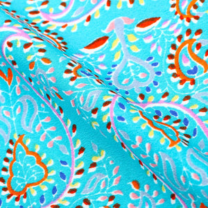 Turquoise Blue And Orange Paisley Pattern Screen Print Ameircan Crepe Fabric