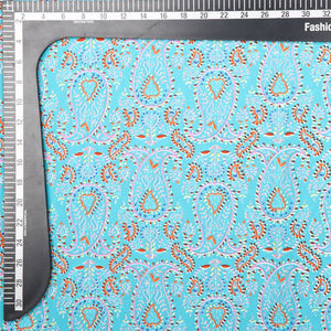 Turquoise Blue And Orange Paisley Pattern Screen Print Ameircan Crepe Fabric