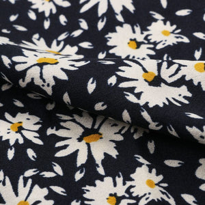 Navy Blue And White Floral Pattern Screen Print Ameican Crepe Fabric