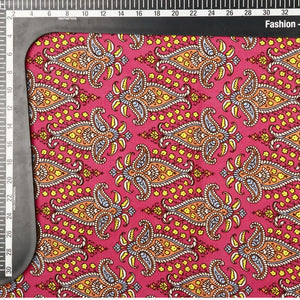 Dark Pink And Yellow Traditional Pattern Screen Print Crepe Fabric