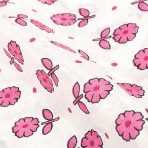 White And Neon Pink Floral Pattern Screen Print Cotton Silk Jacquard Fabric