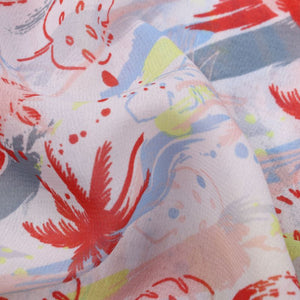 Red And Sky Blue Leaf Pattern Screen Print Georgette Fabric