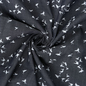 Grey And White Bird Pattern Screen Print Denim Fabric