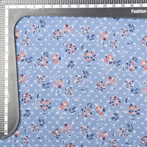 Sky Blue And Ochre Orange Floral Pattern Digital Print Georgette Dobby Fabric