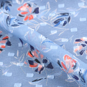 Sky Blue And Ochre Orange Floral Pattern Digital Print Georgette Dobby Fabric