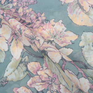 Dusty Green And Yellow Floral Pattern Digital Print Georgette Fabric