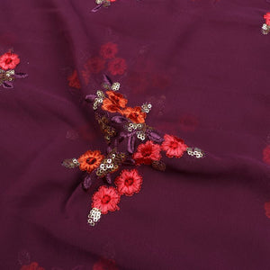 Dark Purple AndOrange Floral Pattern Dyed Sequins Embroidery Georgette Fabric