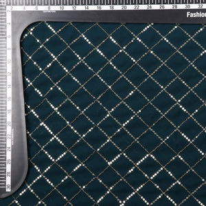 Prussian Blue Checks Pattern Sequins Embroidery Georgette Fabric