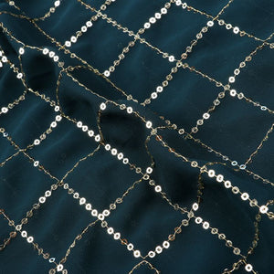 Prussian Blue Checks Pattern Sequins Embroidery Georgette Fabric