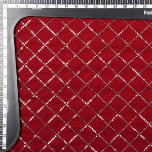 Maroon Checks Pattern Sequins Embroidery Georgette Fabric