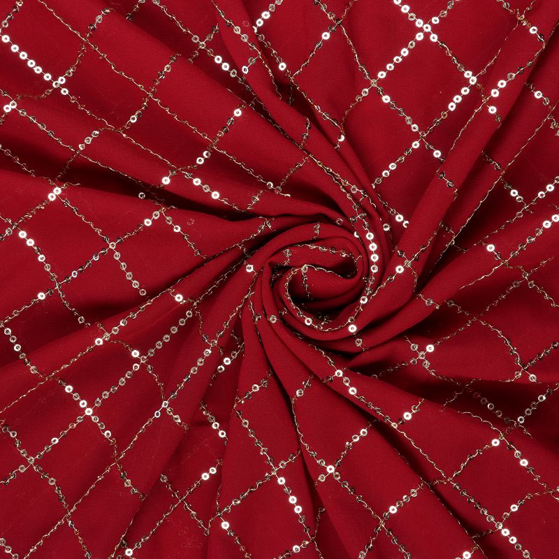 Maroon Checks Pattern Sequins Embroidery Georgette Fabric – Fabmyntra