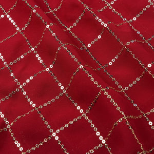 Maroon Checks Pattern Sequins Embroidery Georgette Fabric