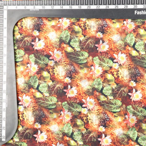 Orange And Green Floral Pattern Digital Print Jacquard Georgette Fabric