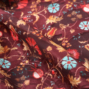 Maroon And Yellow Floral Pattern Digital Print Jacquard Georgette Fabric