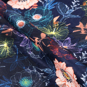 Blue And Orange Floral Pattern Digital Print Jacquard Georgette Fabric