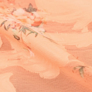 Peach And Green Floral Pattern Digital Print Jacquard Georgette Fabric