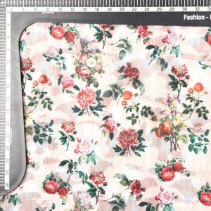 White And Dark Pink Floral Pattern Digital Print Jacquard Georgette Fabric