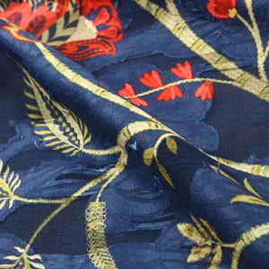 Blue And Red Floral Pattern Digital Print Jacquard Georgette Fabric