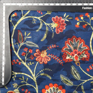 Blue And Red Floral Pattern Digital Print Jacquard Georgette Fabric