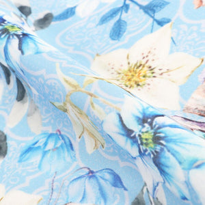 White And Sky Blue Floral Pattern Digital Print Georgette Satin Fabric