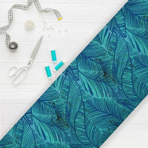 Blue And Mint Green Tropical Pattern Screen Print Georgette Fabric