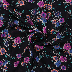 Purple And Black Floral Pattern Screen Print Georgette Fabric