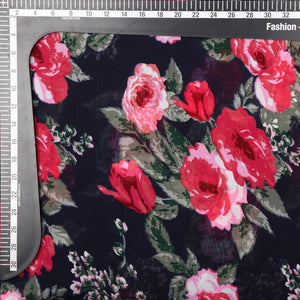 Navy Blue And Pink Floral Pattern Screen Print Georgette Fabric