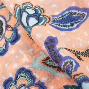 Peach And Blue Floral Pattern Screen Print Georgette Fabric