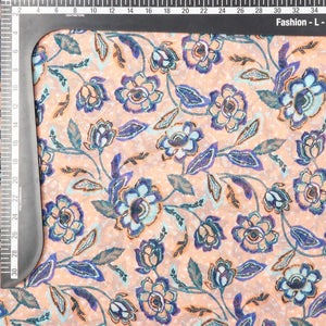 Peach And Blue Floral Pattern Screen Print Georgette Fabric