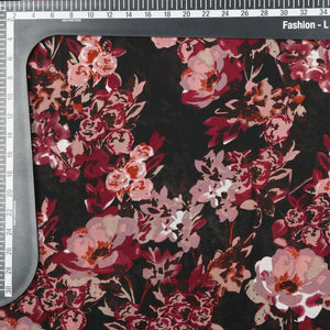 Black And Maroon Floral Pattern Screen Print Georgette Fabric