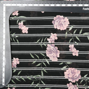 Black And Pink Floral Pattern Screen Print Georgette Fabric