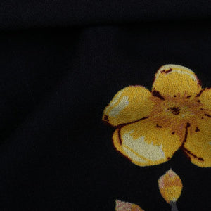 Black And Yellow Floral Pattern Screen Print Moss Crepe Fabric