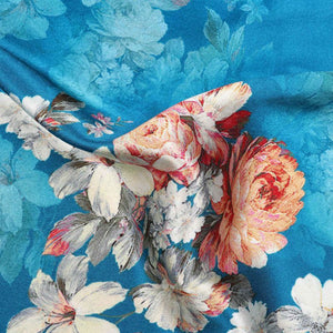 Sky Blue And White Floral Pattern Digital Print Japan Satin Fabric