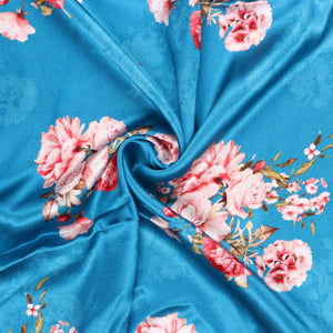 Sky Blue And Rose Pink Floral Pattern Digital Print Japan Satin Fabric