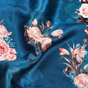 Navy Blue And Pink Floral Pattern Digital Print Japan Satin Fabric