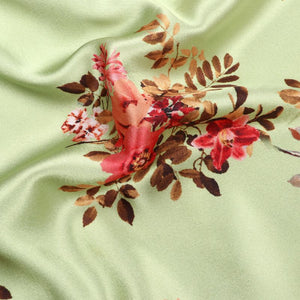 Dusty Lime And Red Floral Pattern Digital Print Japan Satin Fabric