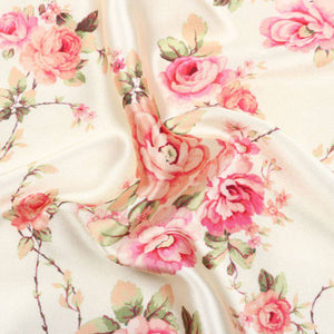 Cream And Pink Floral Pattern Digital Print Japan Satin Fabric