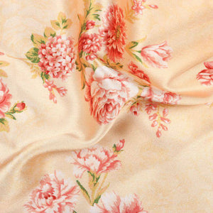 Dusty Yellow And Peach Floral Pattern Digital Print Japan Satin Fabric