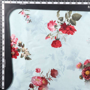 Sky Blue And Red Floral Pattern Digital Print Japan Satin Fabric