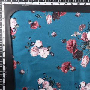 Dark Dusty Blue And Red Floral Pattern Digital Print Japan Satin Fabric