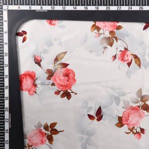 Grey And Coral Pink Floral Pattern Digital Print Japan Satin Fabric