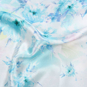 White And Sky Blue Floral Pattern Digital Print Japan Satin Fabric