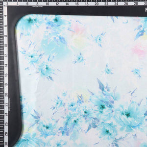 White And Sky Blue Floral Pattern Digital Print Japan Satin Fabric