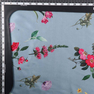 Greyish Blue And Red Floral Pattern Digital Print Japan Satin Fabric