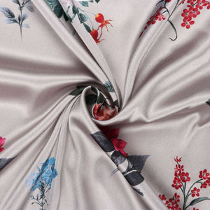 Grey And Red Floral Pattern Digital Print Japan Satin Fabric