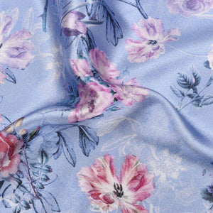 Sky Blue And Pink Floral Pattern Digital Print Japan Satin Fabric