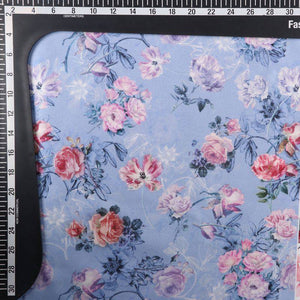 Sky Blue And Pink Floral Pattern Digital Print Japan Satin Fabric