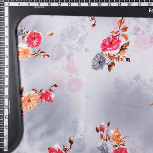 Grey And Pink Floral Pattern Digital Print Japan Satin Fabric