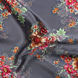 Dark Grey And Red Floral Pattern Digital Print Japan Satin Fabric