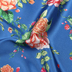 Blue And Yellow Floral Pattern Digital Print Japan Satin Fabric